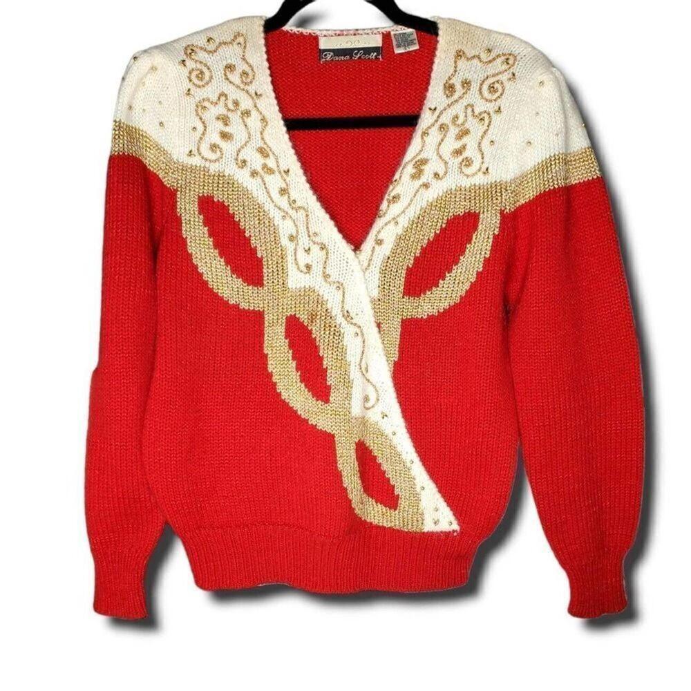 Dana Scott Vintage Women's Sweater Red Gold White V-Neck Beaded Size L